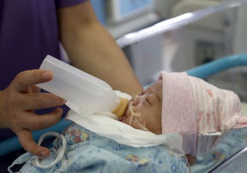 11月7日，在复旦大学附属儿科医院新生儿重症监护中心，医护人员用捐赠的母乳喂养早产儿。 新华社记者 刘颖 摄